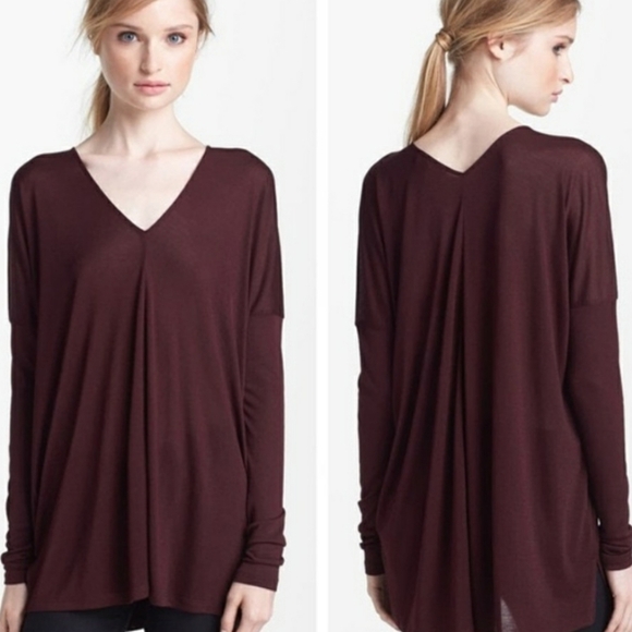 Vince Double V-Neck Drop Long Sleeve Tee Wine SzXS - Picture 1 of 6